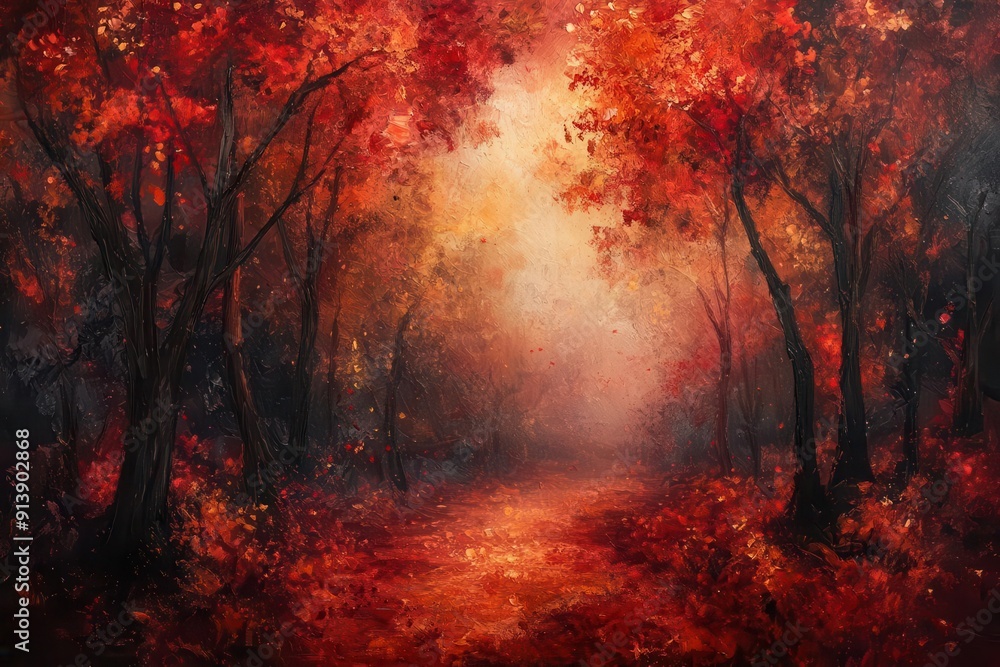 impressionist painting of a mystical autumn forest swirling brushstrokes of vibrant reds and golds misty atmosphere impressionist painting of a mystical autumn forest swirling brushstrokes of vibrant reds and golds misty atmosphere
