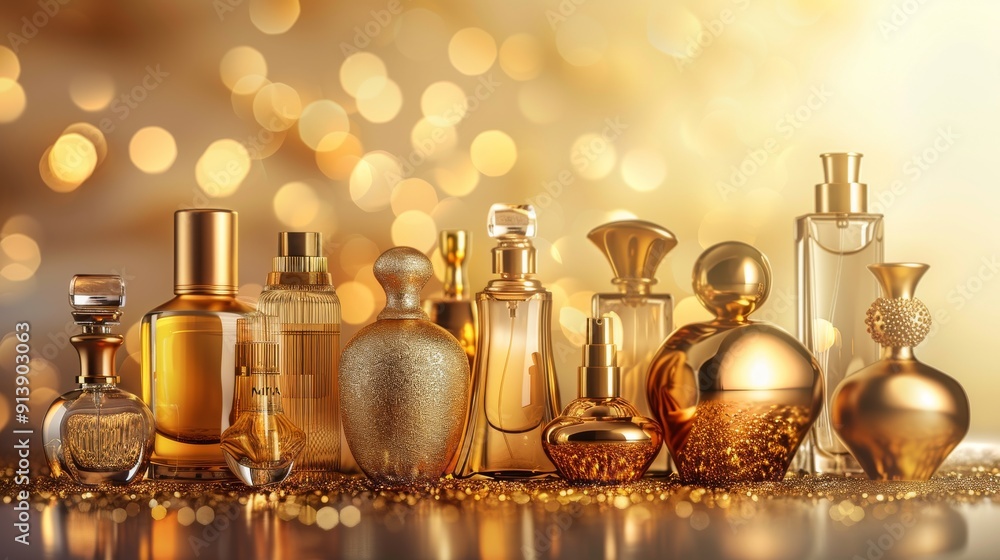 Glamorous set of shiny gold perfumes in a photo. Glamorous set of shiny gold perfumes in a photo.