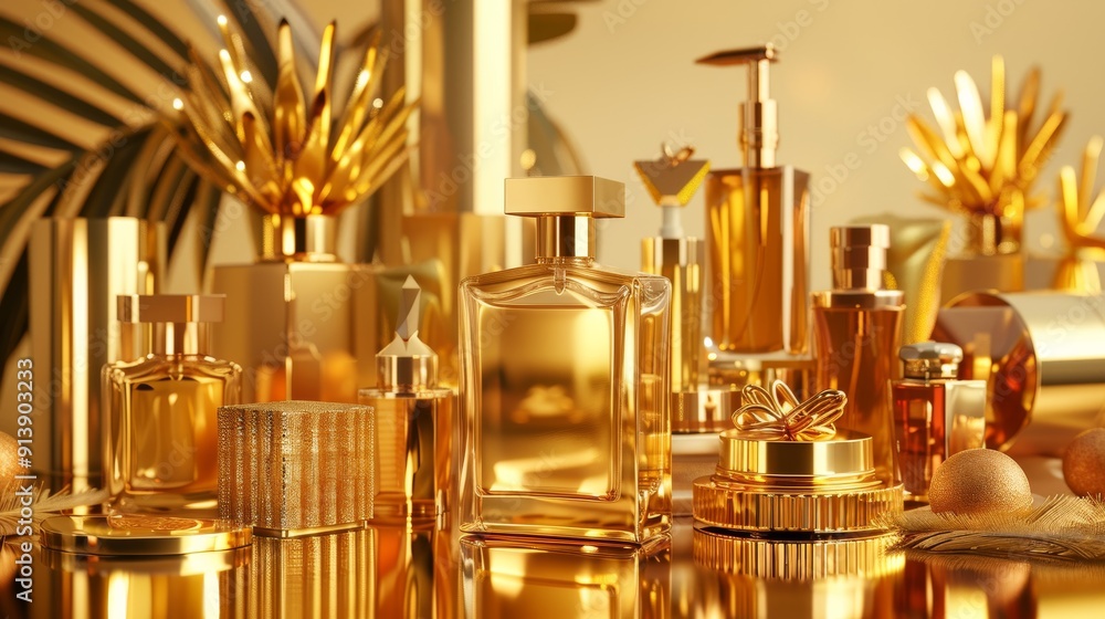 Glamorous set of shiny gold perfumes in a photo. Glamorous set of shiny gold perfumes in a photo.