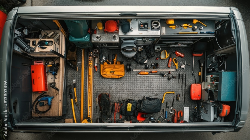 An overhead view of a plumber van filled with equipment and spare parts, showcasing the tools of the trade. An overhead view of a plumber van filled with equipment and spare parts, showcasing the tools of the trade.