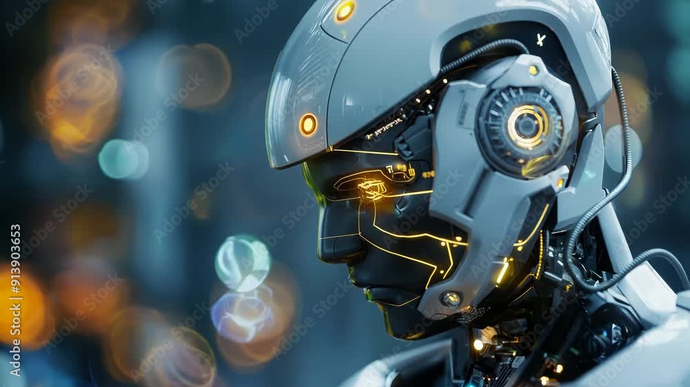 Futuristic humanoid robot with illuminated details in a technological setting Futuristic humanoid robot with illuminated details in a technological setting