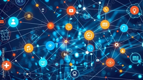 Illustration of a connected network with multiple communication channels highlighted, including social networks, mobile apps, websites, emails, and phone calls. 