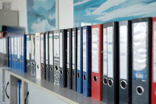 Row of used office folders or binders on a shelf. Close up shot, shallow depth of field, no people