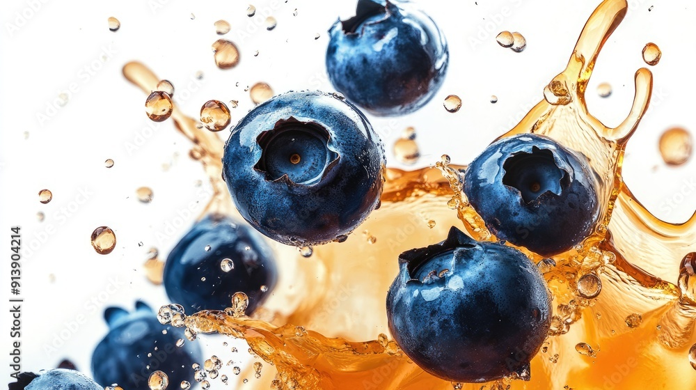 A vibrant explosion of blueberries captured in mid-air, with juice and berries bursting out against a white background. A vibrant explosion of blueberries captured in mid-air, with juice and berries bursting out against a white background.