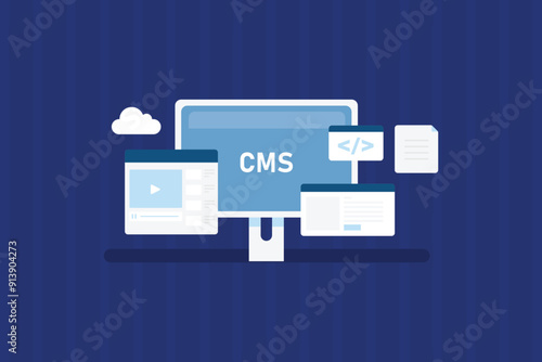 CMS technology, Content management system, Website running on CMS software - Vector illustration background