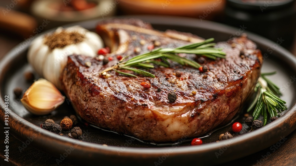 Close-up of a juicy grilled steak garnished with rosemary and garlic, served with a side of assorted spices on a rustic plate. Close-up of a juicy grilled steak garnished with rosemary and garlic, served with a side of assorted spices on a rustic plate.