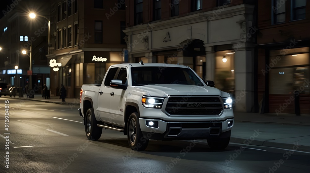 White Truck Driving Down Night Street with lights in background. generative.ai White Truck Driving Down Night Street with lights in background. generative.ai