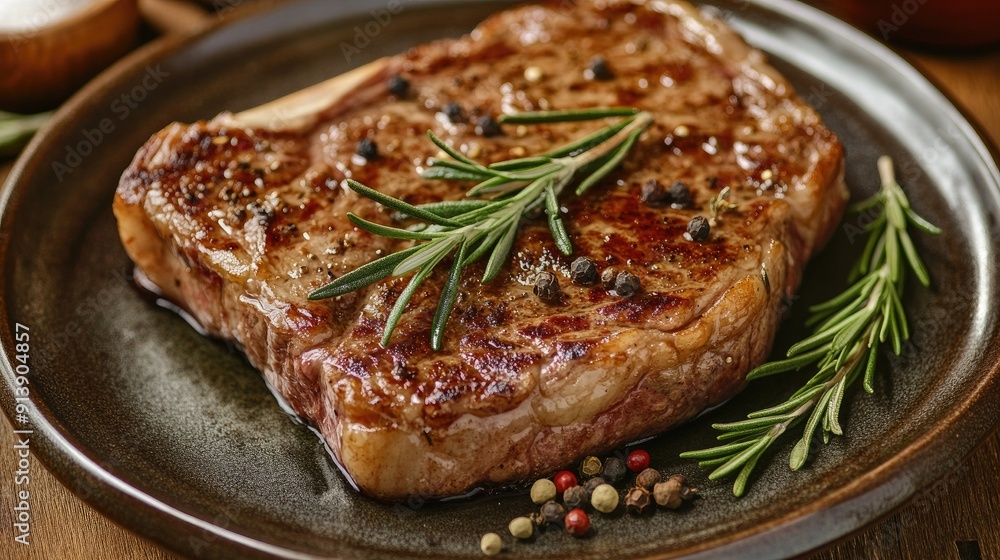 Close-up of a perfectly cooked steak, garnished with fresh rosemary and served with a side of mixed spices, on a ceramic plate. Close-up of a perfectly cooked steak, garnished with fresh rosemary and served with a side of mixed spices, on a ceramic plate.