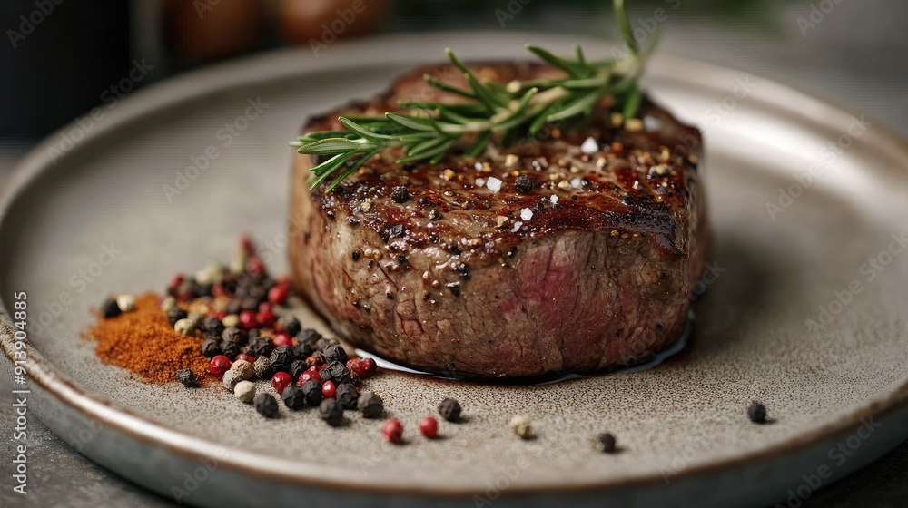Close-up of a perfectly cooked steak, garnished with fresh rosemary and served with a side of mixed spices, on a ceramic plate. Close-up of a perfectly cooked steak, garnished with fresh rosemary and served with a side of mixed spices, on a ceramic plate.