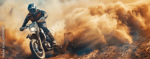 Motorcycle racing on a dirt track with dust flying, 4K hyperrealistic photo photo