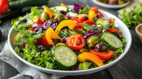 Fresh vegetable salad with lettuce, tomatoes, cucumbers, bell peppers, and olives, drizzled with olive oil, all in a white bowl, vibrant colors and healthy vibes.