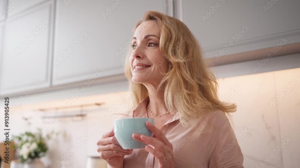Happy Caucasian woman enjoying hot coffee or tea. Satisfied lady widely smiling while drinking tasty drink. Having relaxed morning. Resting alone in kitchen before hard working day. Happy Caucasian woman enjoying hot coffee or tea. Satisfied lady widely smiling while drinking tasty drink. Having relaxed morning. Resting alone in kitchen before hard working day.