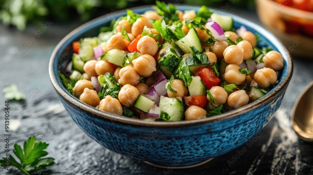 Mediterranean salad with chickpeas, cucumbers, red onions, and parsley, served in a blue ceramic bowl, healthy and delicious. Mediterranean salad with chickpeas, cucumbers, red onions, and parsley, served in a blue ceramic bowl, healthy and delicious.