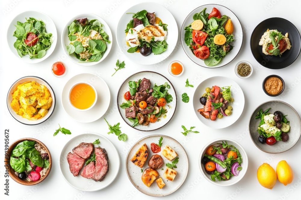 various plates of food isolated on white background, top view , ai various plates of food isolated on white background, top view , ai