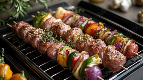 Raw BBQ ingredients including marinated beef skewers, chicken thighs, and vegetable kabobs, displayed on a grill tray.