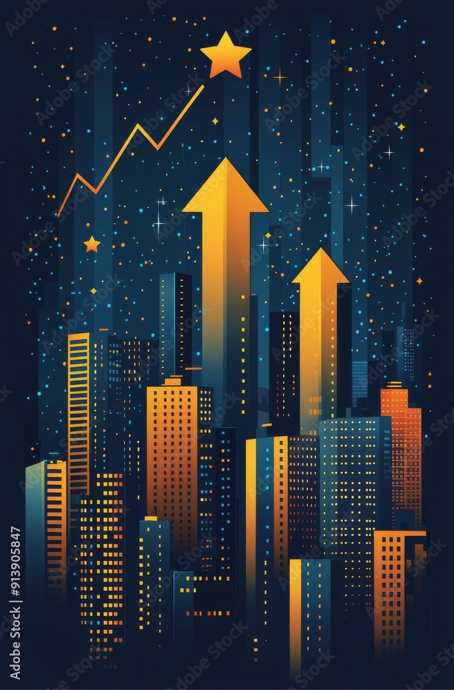 Cityscape illustration with growing graphs and yellow arrows symbolizing success and growth Cityscape illustration with growing graphs and yellow arrows symbolizing success and growth