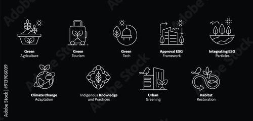 Sustainable Icons Set: Green Agriculture, Tourism, Tech, ESG Framework, Integrating ESG Particles, Climate Change Adaptation, Indigenous Knowledge, Urban Greening, Habitat Restoration