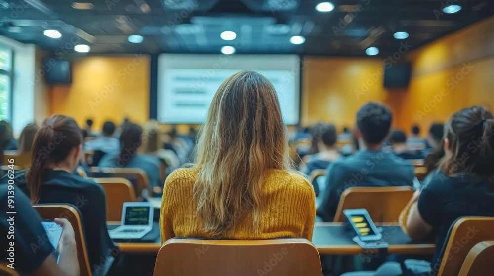 A woman sits in a classroom with other students. The woman is wearing a yellow sweater and has long hair. The classroom is filled with students and a projector screen A woman sits in a classroom with other students. The woman is wearing a yellow sweater and has long hair. The classroom is filled with students and a projector screen