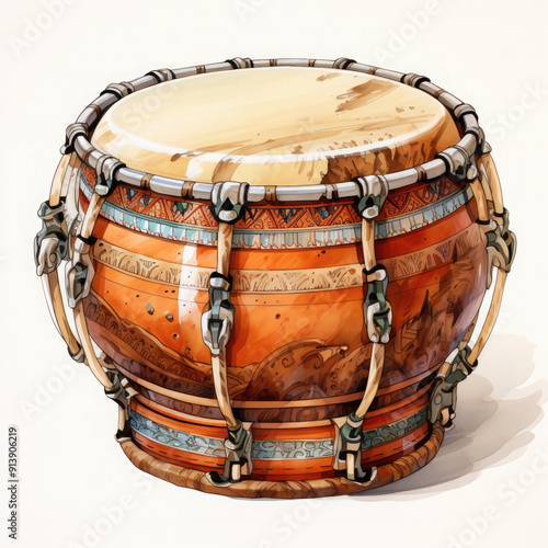 Watercolor Mridangam, clipart Illustration, Generative Ai