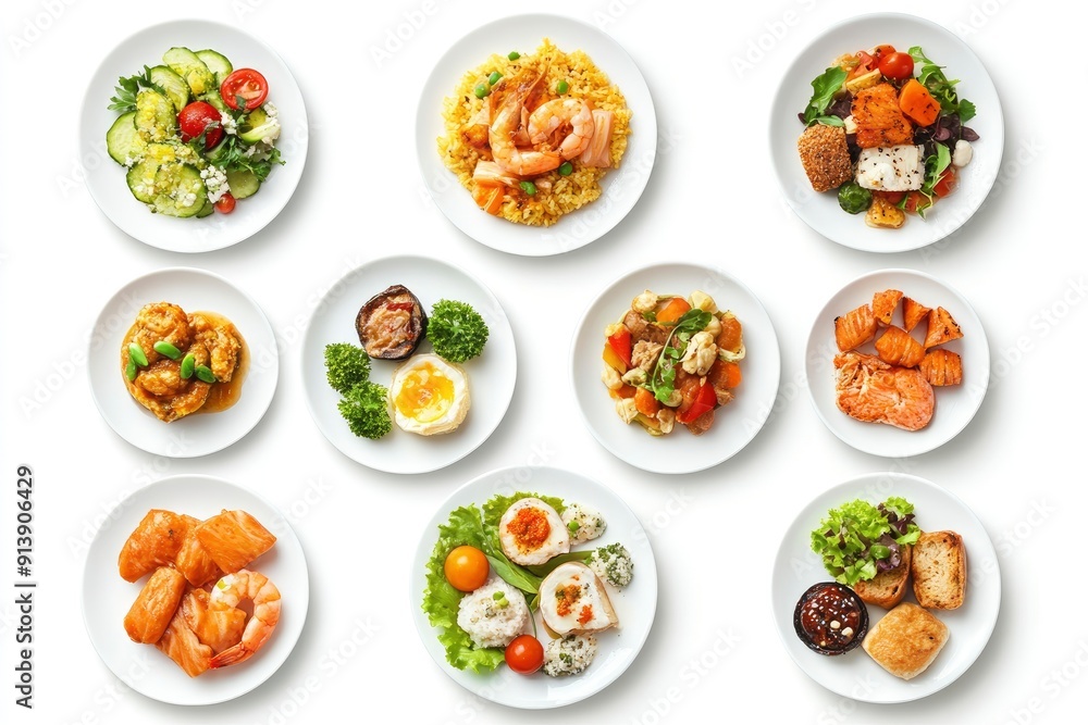 various plates of food isolated on white background, top view , ai various plates of food isolated on white background, top view , ai