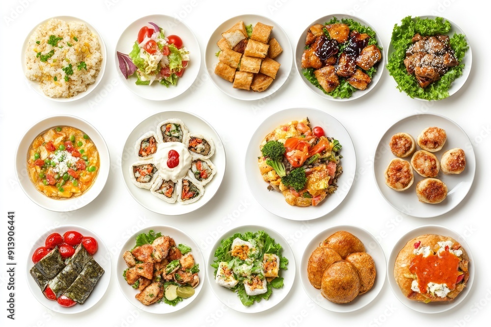 various plates of food isolated on white background, top view , ai