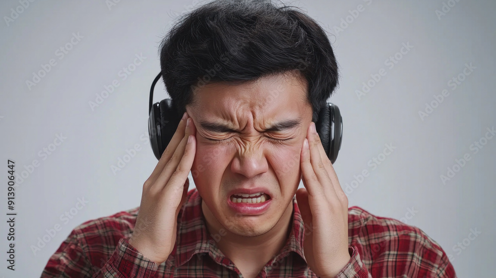 A man with headphones on his ears and a red plaid shirt. He is looking at the camera with a look of pain on his face