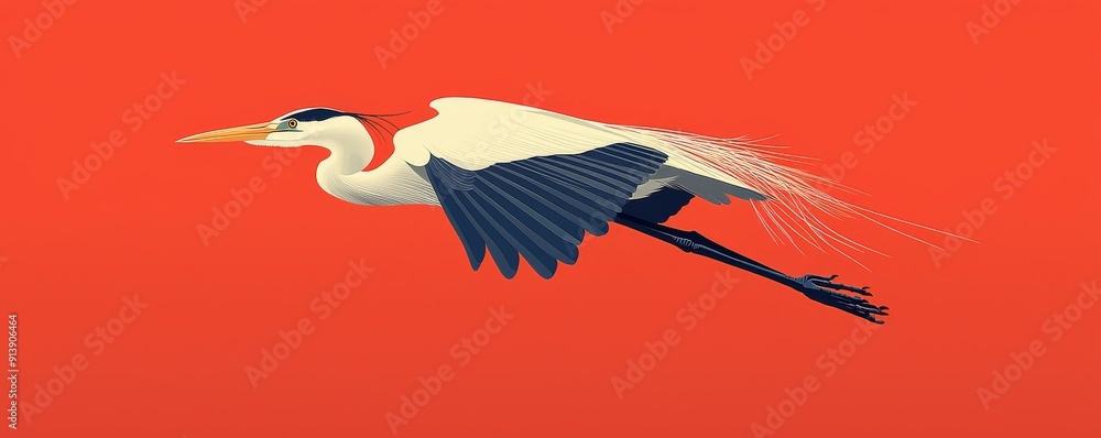 Obraz premium Graceful heron flying against a vibrant red background illustration