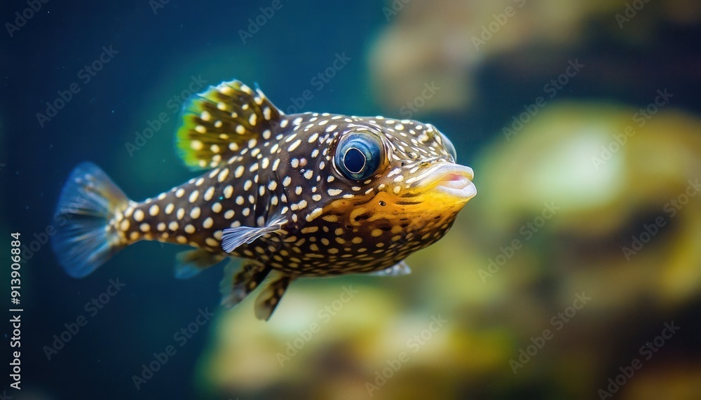 A Spotted Pufferfish With Open Mouth Swimming in Aquarium A Spotted Pufferfish With Open Mouth Swimming in Aquarium