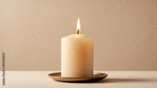 burning candle with a delicate flame against a beige background. The scene is designed to evoke a sense of calm and serenity