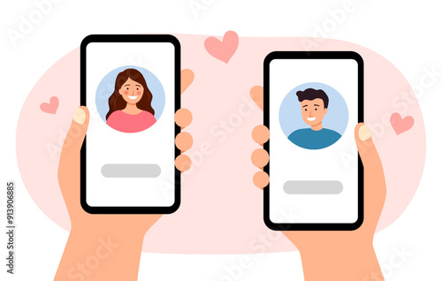 Couple in love texting. Male and female hand holding smartphones with text messages chat. Online dating app relationship.