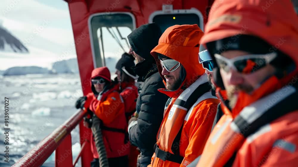 Polar expedition team on deck of ship in Antarctica Polar expedition team on deck of ship in Antarctica