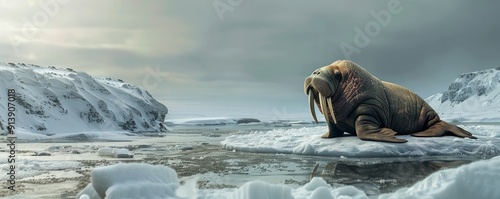 Powerful walrus on the ice, 4K hyperrealistic photo photo