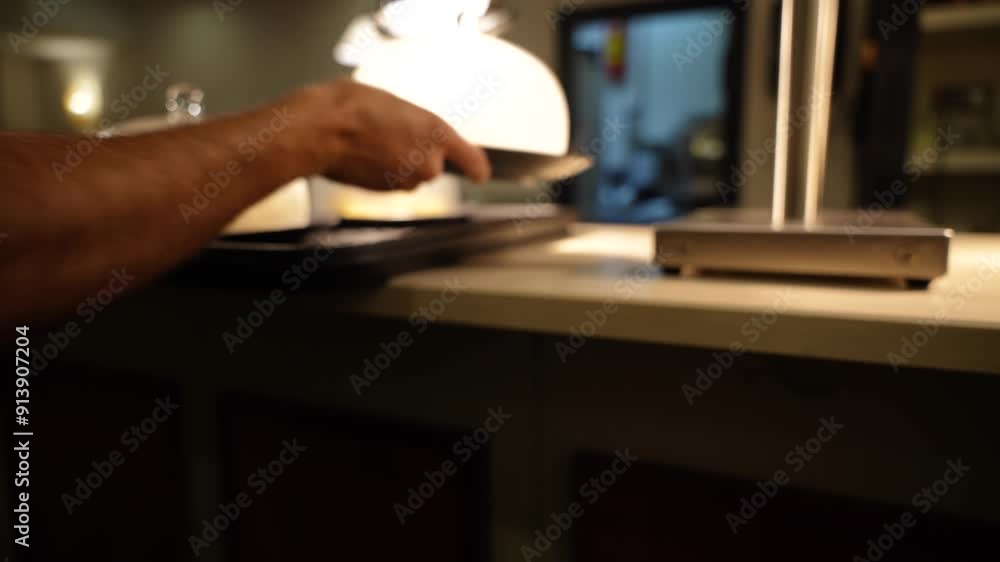 Waiter picking up covered smoked dishes from a counter under warm lights Waiter picking up covered smoked dishes from a counter under warm lights