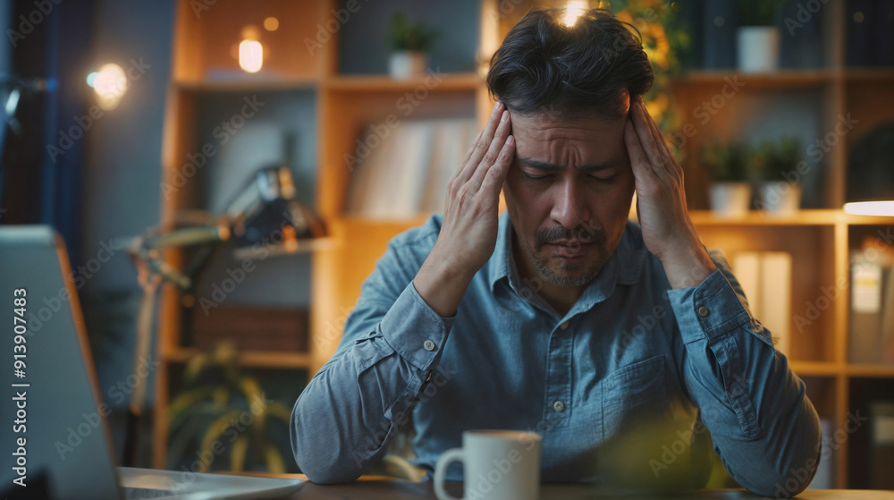 A man is seated at a desk, his hands placed on top of his head in a gesture of frustration or stress A man is seated at a desk, his hands placed on top of his head in a gesture of frustration or stress