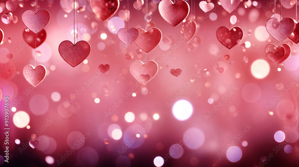 Multiple Pink and Red Hearts Hanging Against a Bokeh Light Background, Evoking Feelings of Romance and Love Multiple Pink and Red Hearts Hanging Against a Bokeh Light Background, Evoking Feelings of Romance and Love