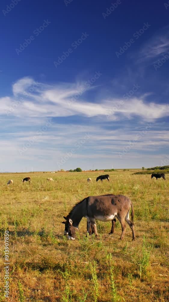 Donkey grazing peacefully in a green field. Donkey grazing peacefully in a green field.