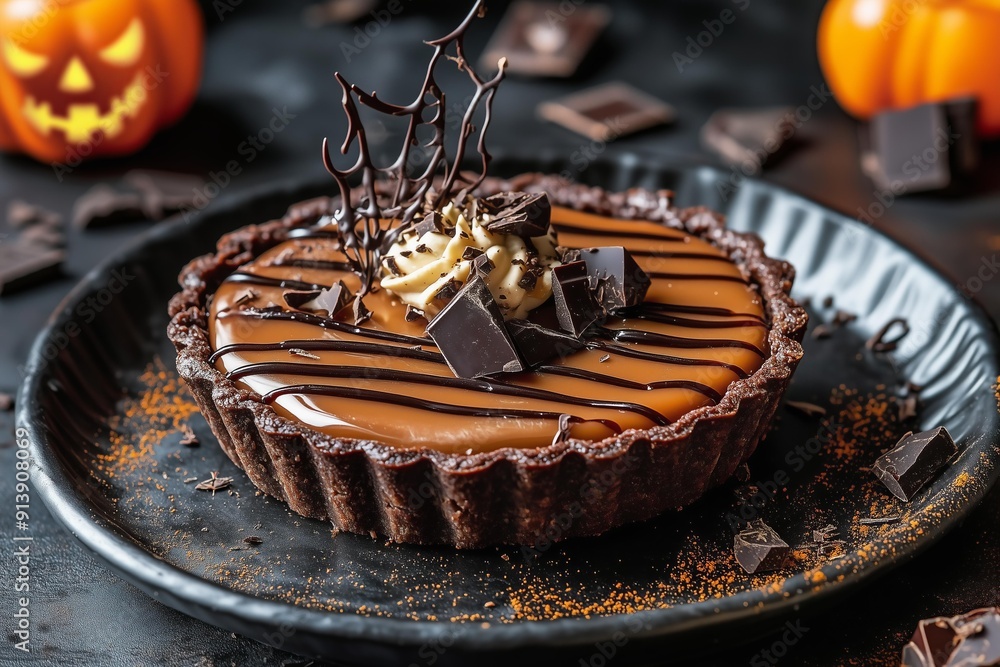 Chocolate Caramel Tart with a chocolate tart shell filled with chocolate ganache, caramel sauce, caramel cream, topped with chocolate pieces and a chocolate Halloween decoration Chocolate Caramel Tart with a chocolate tart shell filled with chocolate ganache, caramel sauce, caramel cream, topped with chocolate pieces and a chocolate Halloween decoration