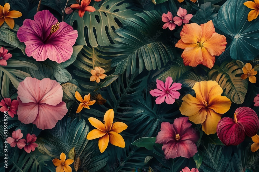 lush jungleinspired wallpaper pattern exotic flowers and leaves in vibrant colors intricate detail seamless repeat tropical paradise feel lush jungleinspired wallpaper pattern exotic flowers and leaves in vibrant colors intricate detail seamless repeat tropical paradise feel