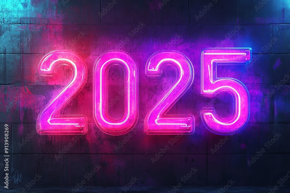 A neon sign with the number twenty-five glowing in pink and purple A neon sign with the number twenty-five glowing in pink and purple