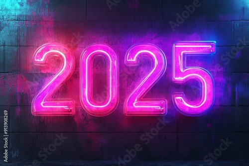 A neon sign with the number twenty-five glowing in pink and purple