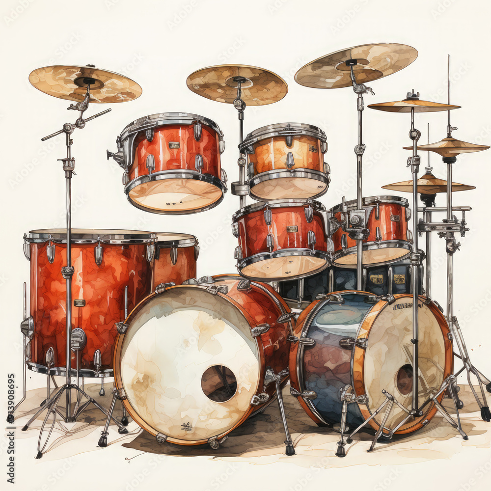 Watercolor Drums, clipart Illustration, Generative Ai Watercolor Drums, clipart Illustration, Generative Ai