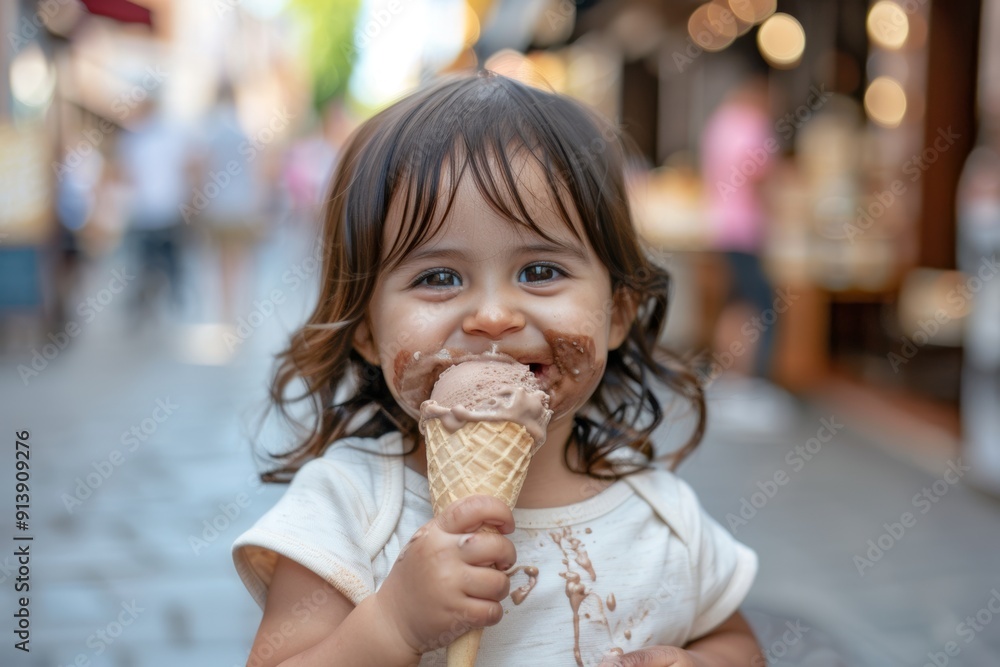 Innocence personified captivating close-up of charming baby. Bright smile and vivid black hair make enchanting infant portrait. Child's face lights up with an ice cream treat. Innocence personified captivating close-up of charming baby. Bright smile and vivid black hair make enchanting infant portrait. Child's face lights up with an ice cream treat.