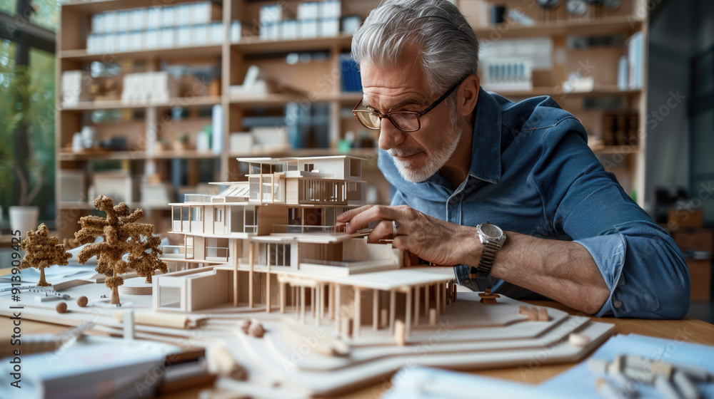 Senior architect working on architectural model of modern sustainable building Senior architect working on architectural model of modern sustainable building