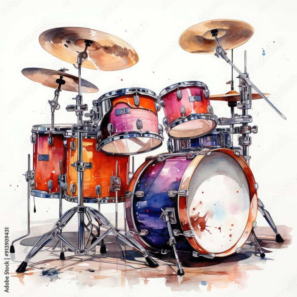 Fototapeta premium Watercolor Drums, clipart Illustration, Generative Ai