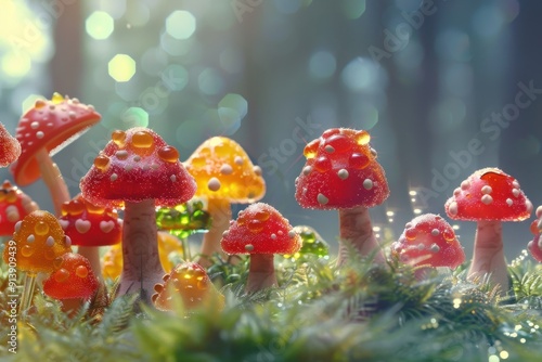 Marmalade in the shape of a mushroom. Lots of delicious marmalade on the background of nature in the form of mushrooms photo