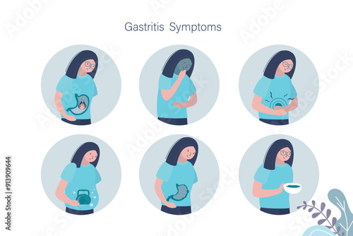Gastritis symptoms infographic, sick woman with signs of stomach inflammation. Abdominal pain, heartburn, digestive disease diagram. Bloating and loss of appetite health diagnosis.