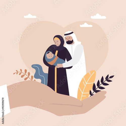 Happy arabian family standing on doctor hand. Arab love couple with newborn baby. Healthcare, childcare, husband and wife holding sleeping infant baby in hands.