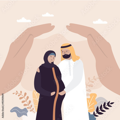 Insurance and healthcare concept. Big hands covering young arab love couple with care. Medical or financial assurance, family care banner. Pregnant muslim woman with husband.