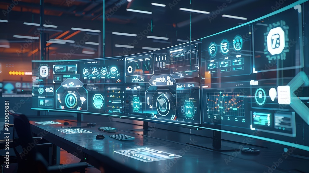 Naklejka premium An image of a digital command center monitoring customer interactions across multiple channels, with screens displaying various icons for communication modes. 