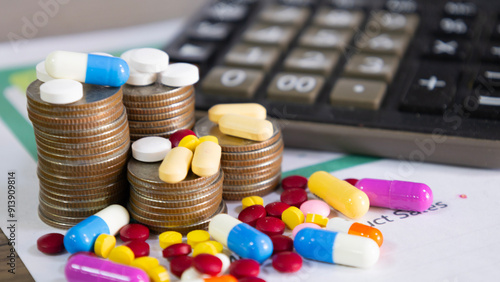 Colorful pills and capsules on a pile of coins and scattered around stack of coins for health insurance, medical expenses and medicine, finance, saving money, business. Financial and medical concepts.